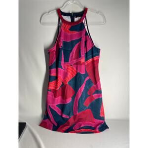 TRINA Trina Turk Pink Navy Palm Leaf Fit Flare Halter Dress US Size 10